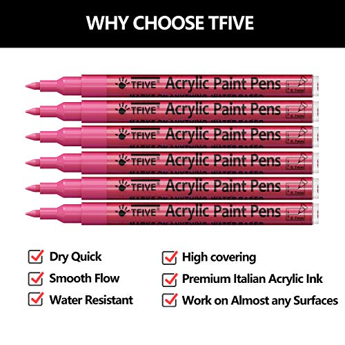 TFIVE Pink Marker Paint Pens - 6 Pack Acrylic Pink Permanent Marker, 0.7mm Extra Fine Tip Paint Pen for Art Projects, Drawing, Rock Painting, Stone, Ceramic, Glass, Wood, Plastic, Metal, Canvas DIY Crafts - Image 2