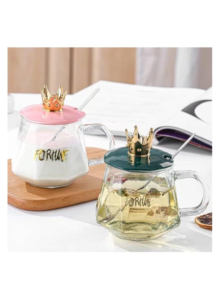 فورتون كوب زجاج شفاف مع غطاء على شكل تاج – لمسة ملكية لمشروباتك اليومية - Image 1