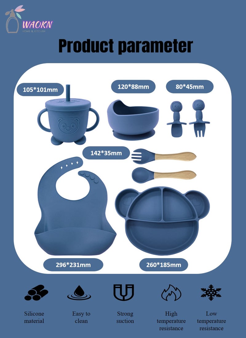 WAOKN - 8Pcs Baby Silicone Tableware Set Special For Infants To Eat Their Own Training Tableware Set Including Complementary Food Bowl Sippy Cup Dinner Plate Bib Fork And Spoon(Dark Blue) - Image 1