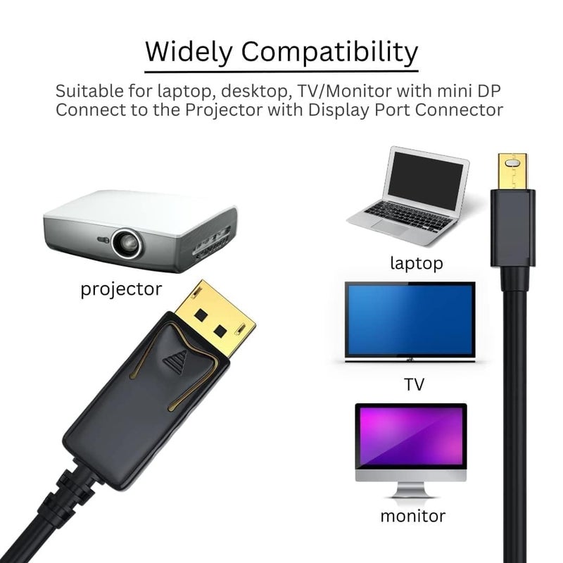 VOOCME كابل Mini Displayport (Mini Dp) إلى Displayport ذكر إلى ذكر منفذ Thunderbolt متوافق مع Macbook Air/Pro، Surface Pro/Dock، شاشة، لابتوب، بروجيكتور. (عبوة من 1) - Image 3