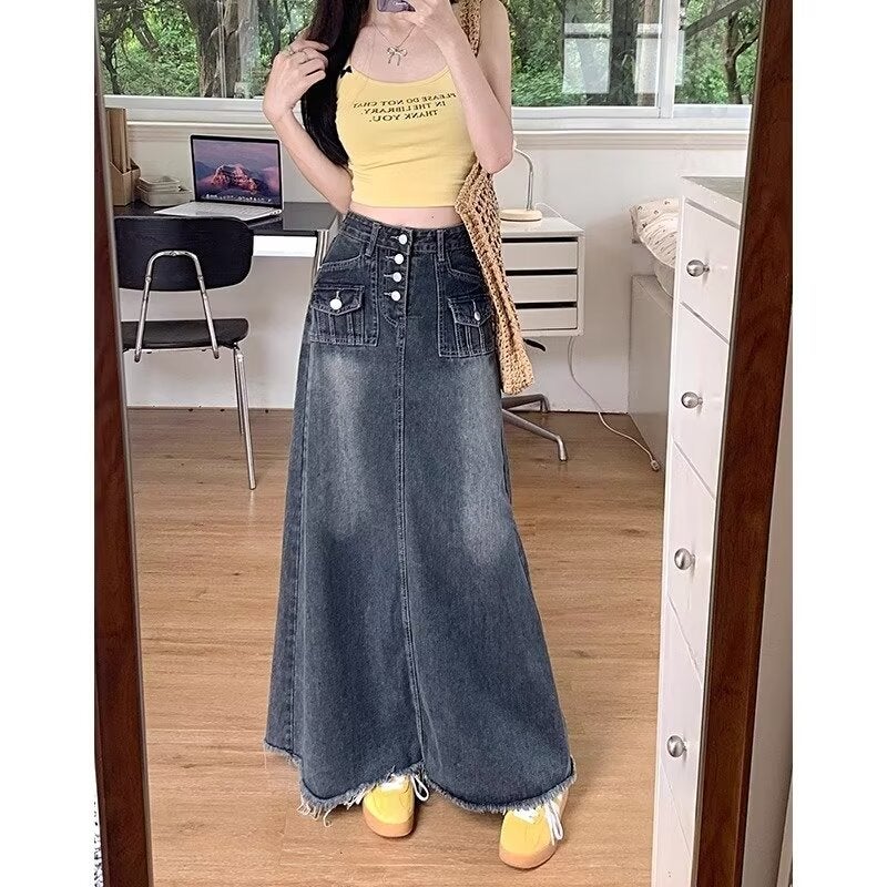 Denim Skirt Women'S Autumn High Waist Hip Skirt Retro Straight Loose A- Word Long Overskirt - Image 2