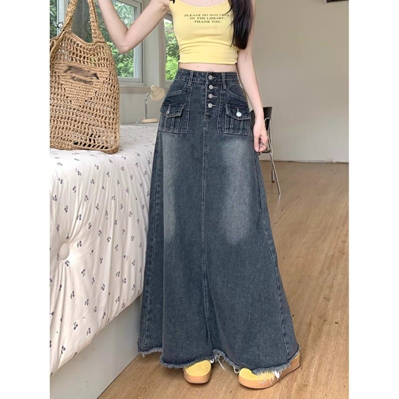 Denim Skirt Women'S Autumn High Waist Hip Skirt Retro Straight Loose A- Word Long Overskirt - Image 4