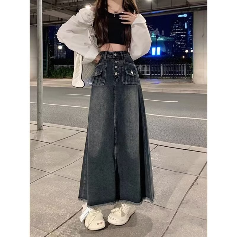 Denim Skirt Women'S Autumn High Waist Hip Skirt Retro Straight Loose A- Word Long Overskirt - Image 5
