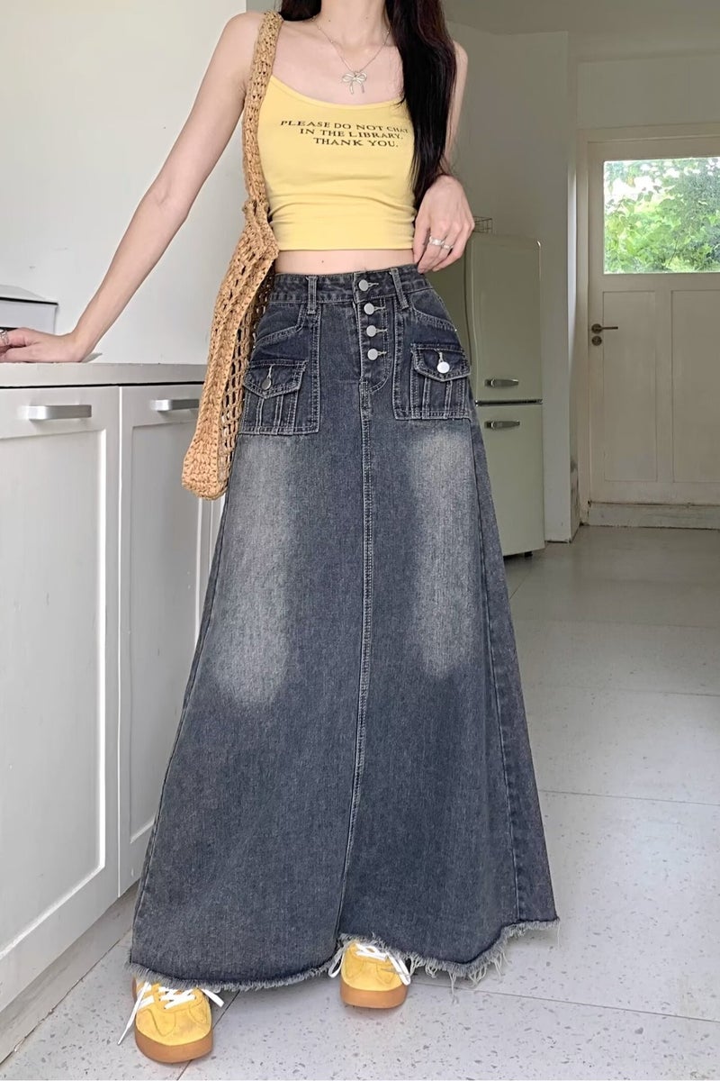 Denim Skirt Women'S Autumn High Waist Hip Skirt Retro Straight Loose A- Word Long Overskirt - Image 1