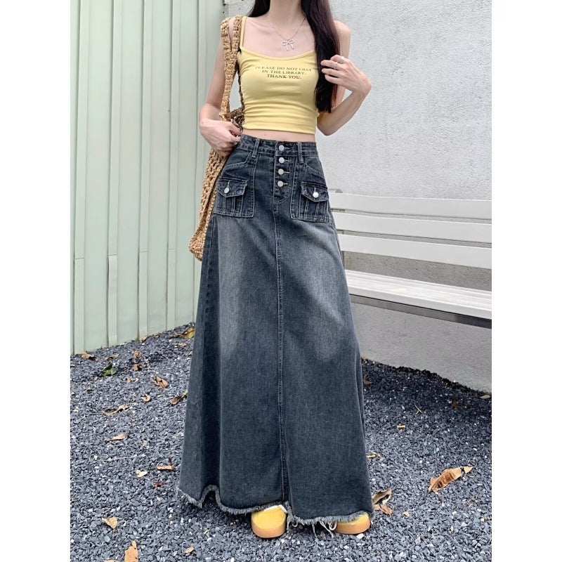 Denim Skirt Women'S Autumn High Waist Hip Skirt Retro Straight Loose A- Word Long Overskirt - Image 3