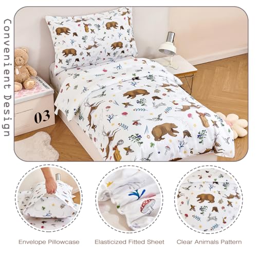 PERFEMET 4-Piece Toddler Bedding Set-Reversible Woodland Animal Toddler Bed Sets for Boys Girls-Soft Lightweight Cartoon Bear Deer Print Toddler Bed Comforter with Sheets for All Season - Image 5