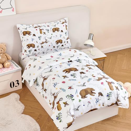 PERFEMET 4-Piece Toddler Bedding Set-Reversible Woodland Animal Toddler Bed Sets for Boys Girls-Soft Lightweight Cartoon Bear Deer Print Toddler Bed Comforter with Sheets for All Season - Image 2