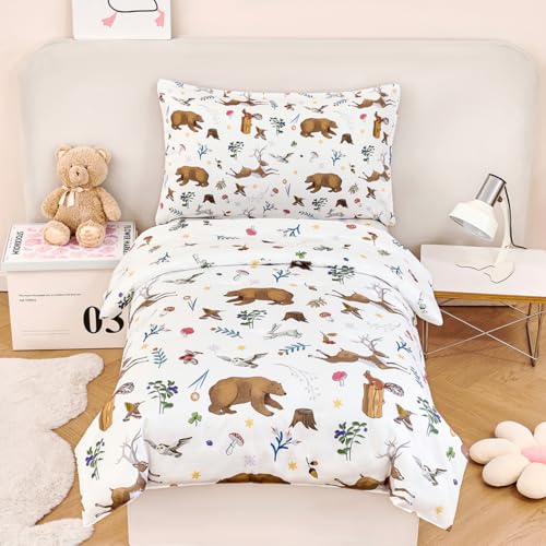 PERFEMET 4-Piece Toddler Bedding Set-Reversible Woodland Animal Toddler Bed Sets for Boys Girls-Soft Lightweight Cartoon Bear Deer Print Toddler Bed Comforter with Sheets for All Season - Image 1
