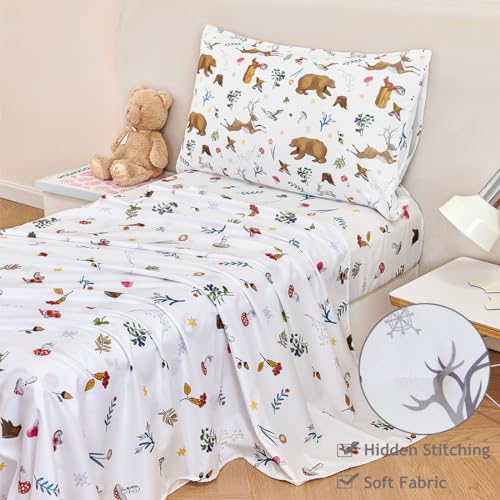 PERFEMET 4-Piece Toddler Bedding Set-Reversible Woodland Animal Toddler Bed Sets for Boys Girls-Soft Lightweight Cartoon Bear Deer Print Toddler Bed Comforter with Sheets for All Season - Image 4