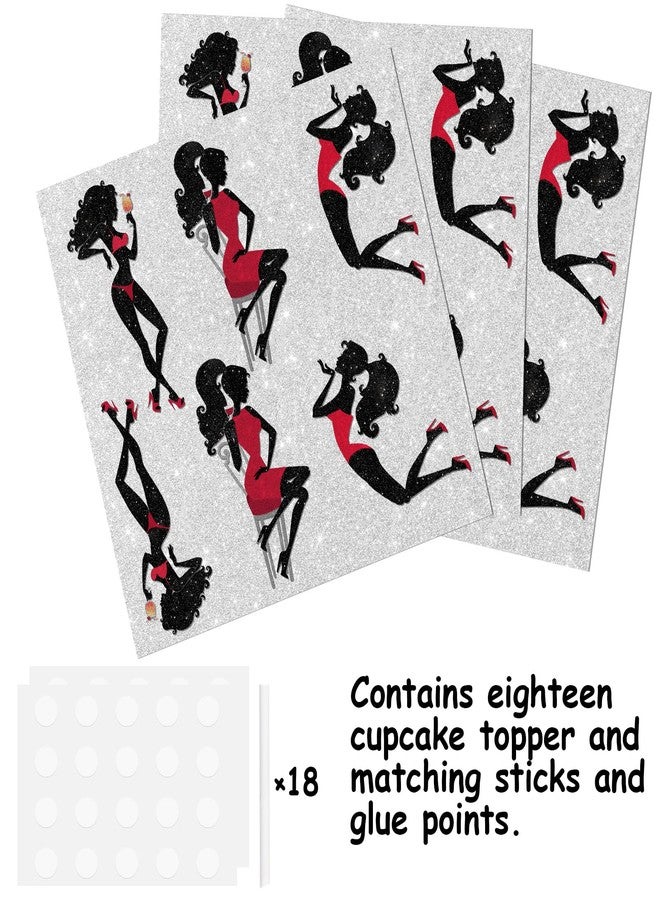 LETLIMIT 18pcs Red Glitter Lady Dessert Cupcake Topper Pick for Makeup Princess Queen Wine Party Theme Decor Supplies Women Girls Happy Birthday Anniversary Wedding Party Decoration - Image 3