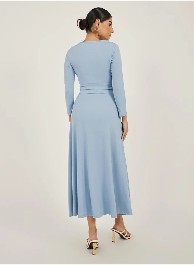 Styli Solid Round Neck A-Line Midi Dress with 3/4th Sleeves