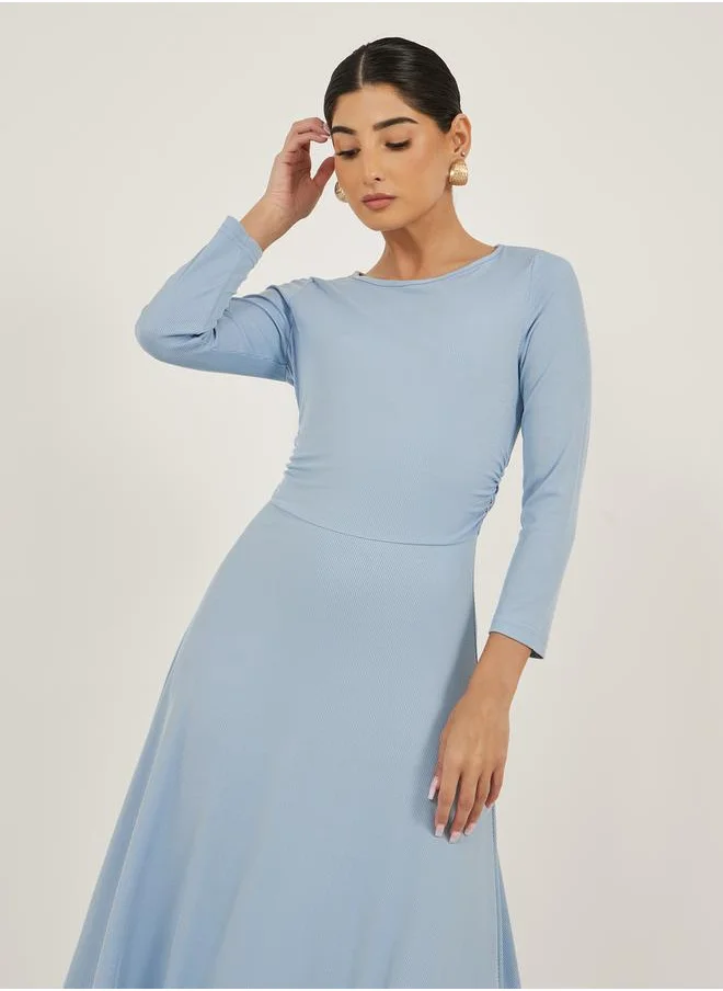 Styli Solid Round Neck A-Line Midi Dress with 3/4th Sleeves
