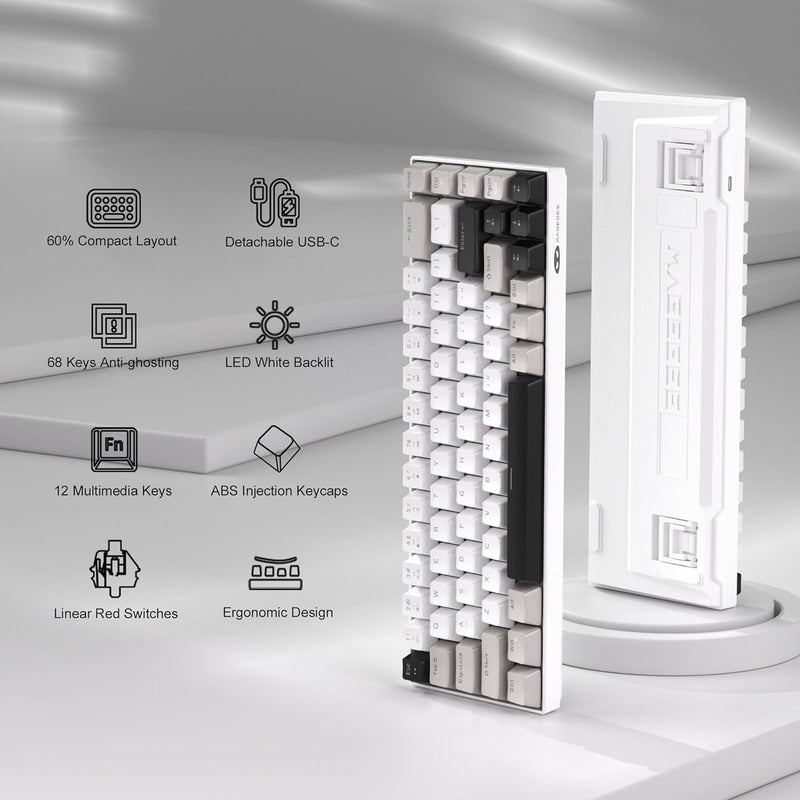 مايجغي لوحة مفاتيح ميكانيكية للألعاب محمولة من بنسبة 60%، MK-Box بإضاءة خلفية LED، مدمجة 68 مفتاحًا، لوحة مفاتيح سلكية صغيرة للمكتب مع مفتاح أحمر لأجهزة Windows Laptop PC Mac - أبيض/رمادي - Image 2