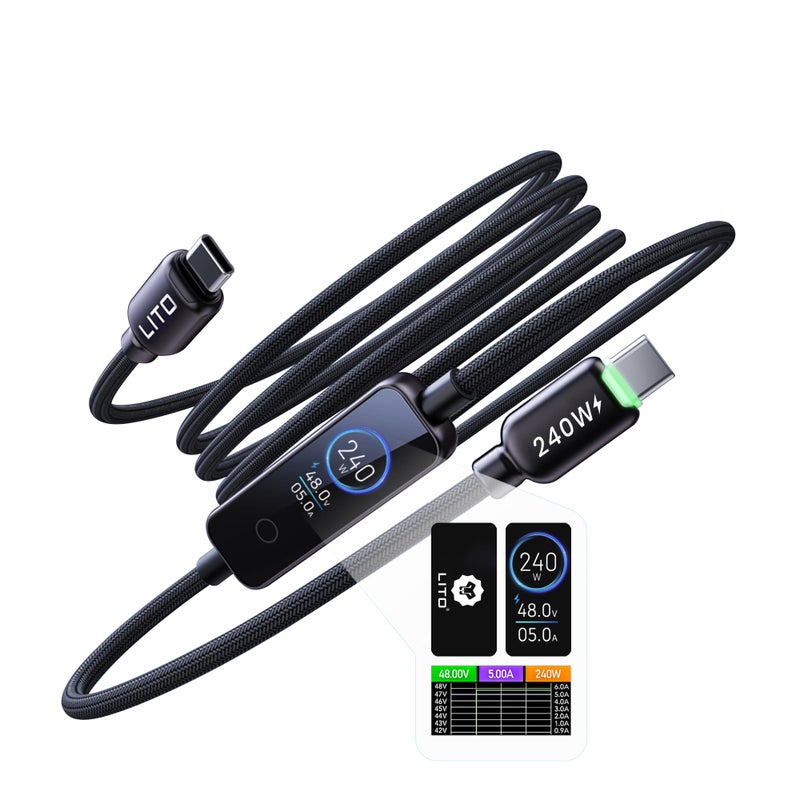 LITO 240W USB C to USB C Cable with TFT Color Screen, PD 3.1 Fast Charging Premium 48-Strand Nylon Braided Cord Compatible with iPhone 17/16/15, MacBook, Laptop,Tablet, Galaxy, Pixel, Steam Deck,4ft - Image 1