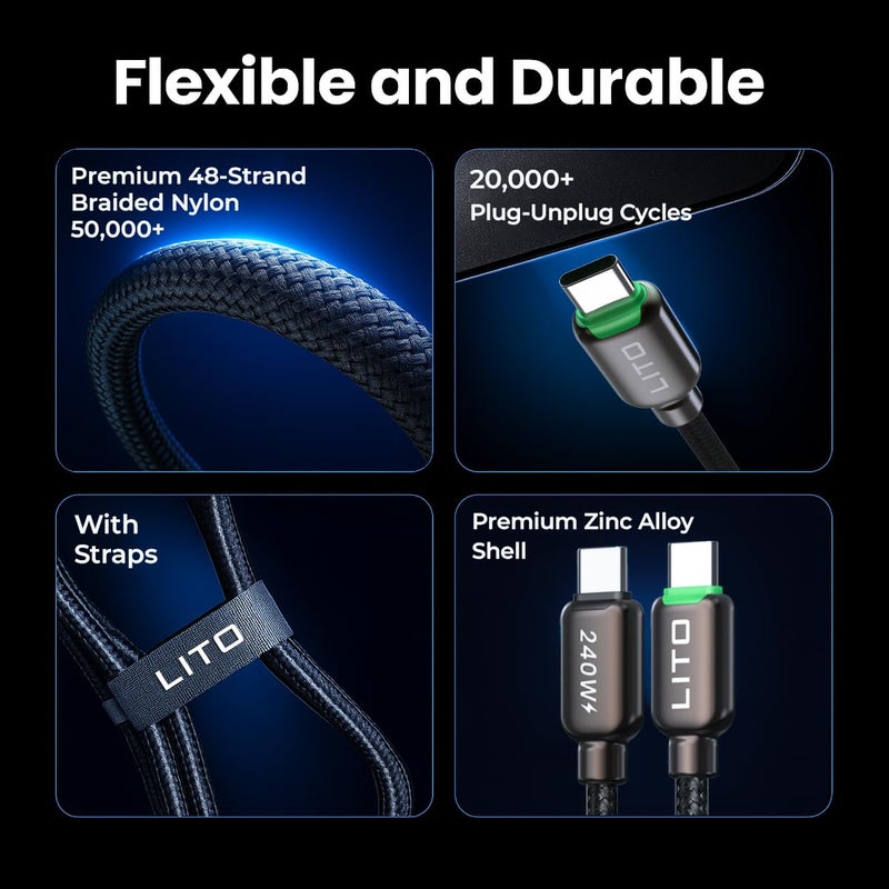 LITO 240W USB C to USB C Cable with TFT Color Screen, PD 3.1 Fast Charging Premium 48-Strand Nylon Braided Cord Compatible with iPhone 17/16/15, MacBook, Laptop,Tablet, Galaxy, Pixel, Steam Deck,4ft - Image 5