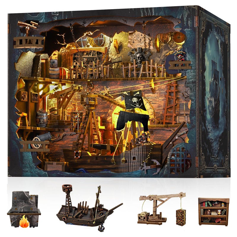 VORATHIS Book Nook Pirate Kit - DIY Miniature House Kit for Adults, Teens, Dollhouse Booknook Bookshelf Insert Decor with LED Light, 3D Wooden Puzzle Gifts for Family, Friends - Image 1