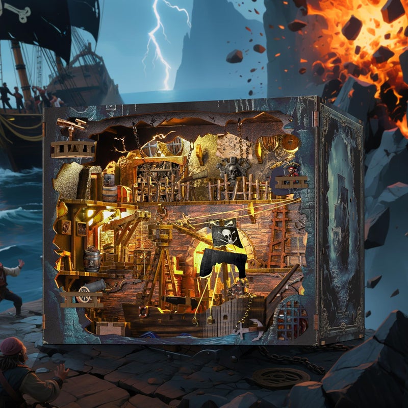 VORATHIS Book Nook Pirate Kit - DIY Miniature House Kit for Adults, Teens, Dollhouse Booknook Bookshelf Insert Decor with LED Light, 3D Wooden Puzzle Gifts for Family, Friends - Image 5