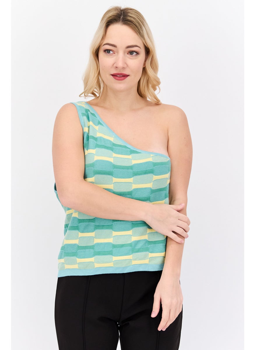 Cotton On Women Plus Size Asymmetrical Neck One Shoulder Sleeve Textured Top, Green Combo  - Image 1