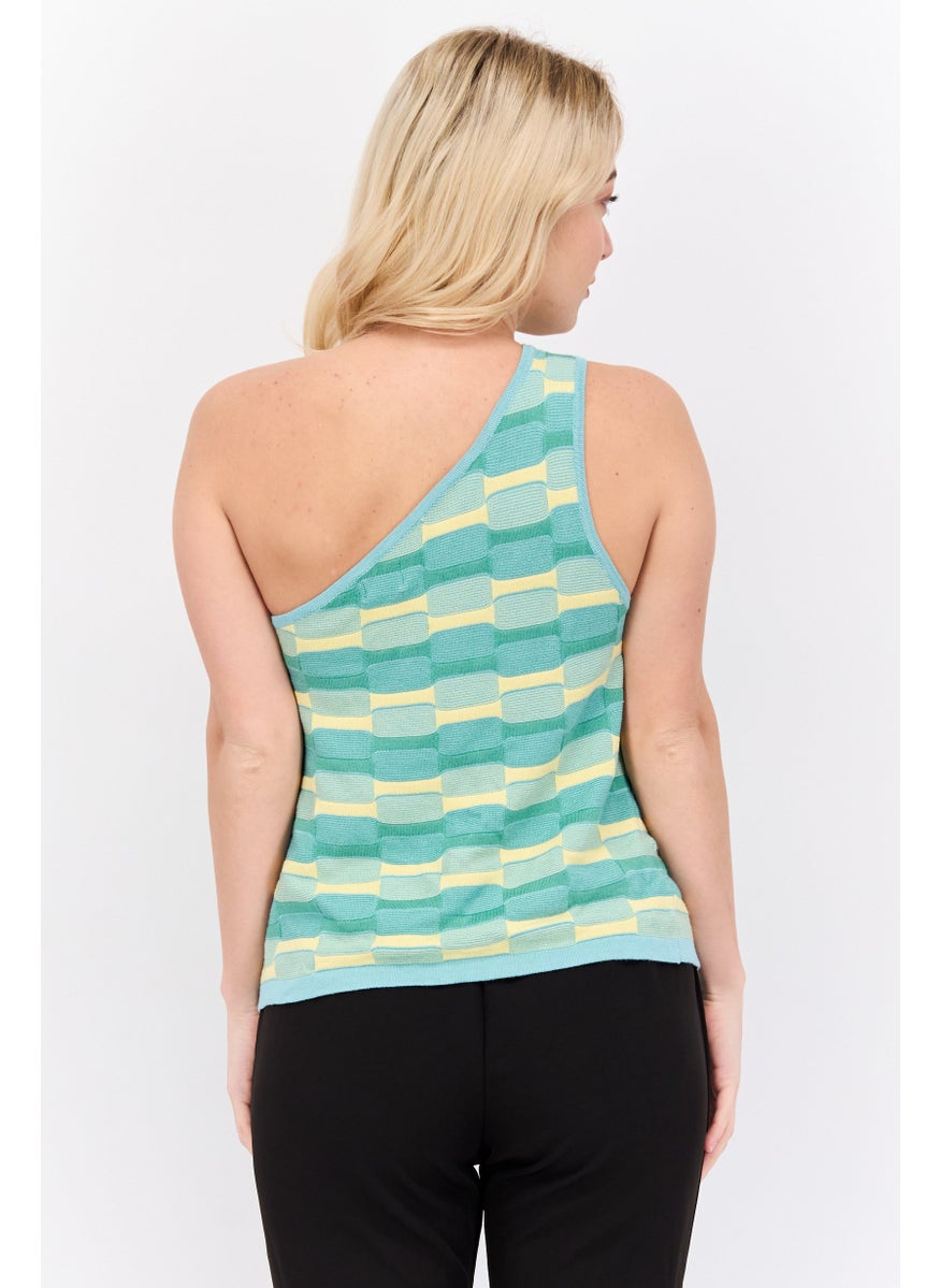 Cotton On Women Plus Size Asymmetrical Neck One Shoulder Sleeve Textured Top, Green Combo  - Image 3