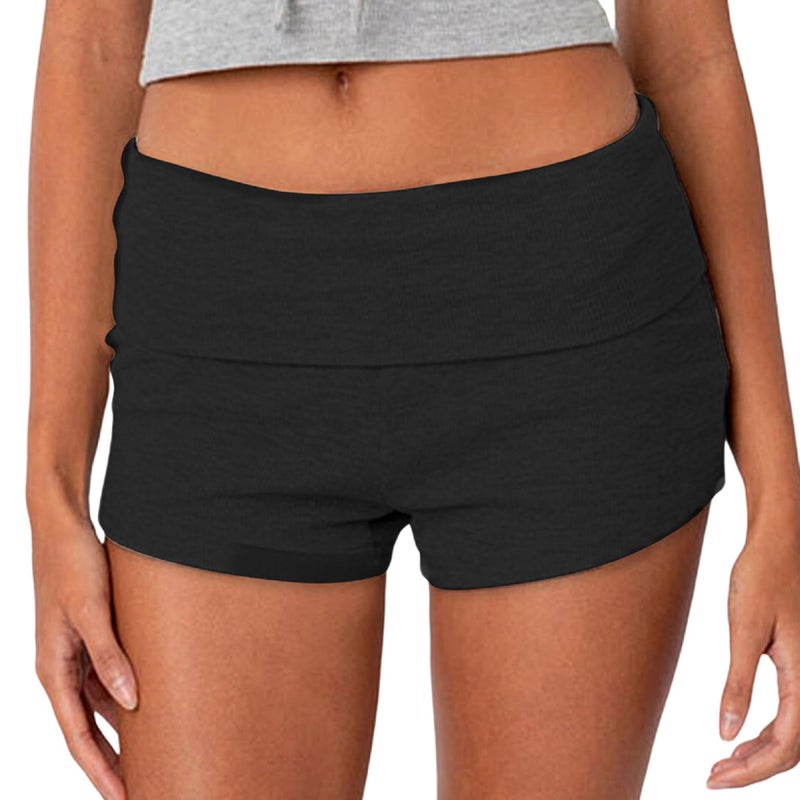 KMBANGI Women Fold Over Shorts Elastic Waist Y2k Lounge Shorts Foldover Cute Pajama Bottoms Soft Sleepwear(Basic Solid Black,S) - Image 1