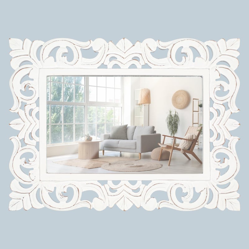 Light & Pro Lightnpro Hand Carved Rectangular Wall Mirror - 18Ã—24 Inch Rustic Farmhouse Wood Frame with Antique White Finish - Vintage Boho Decorative Accent Mirror for Bathroom, Entryway, Bedroom & Living Room - Image 1