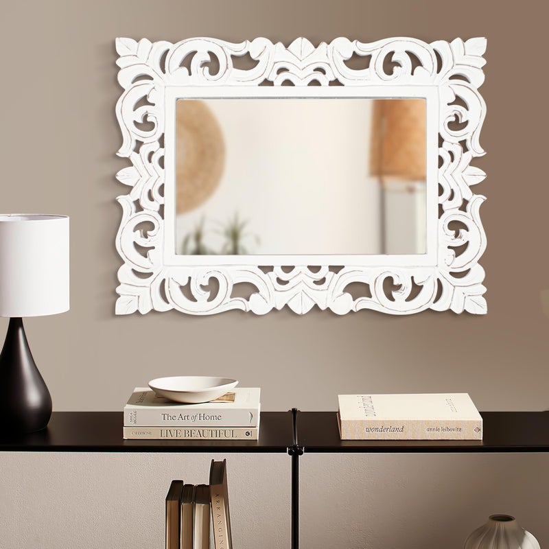 Light & Pro Lightnpro Hand Carved Rectangular Wall Mirror - 18Ã—24 Inch Rustic Farmhouse Wood Frame with Antique White Finish - Vintage Boho Decorative Accent Mirror for Bathroom, Entryway, Bedroom & Living Room - Image 2