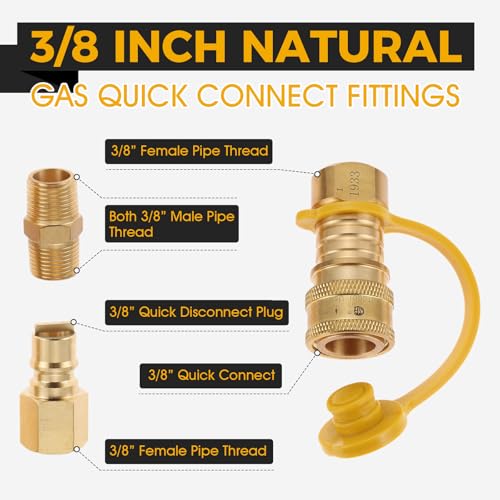 DRELD 3/8 Inch Natural Gas Quick Connect Fittings, Natural and Propane LP Propane Gas Hose Quick Disconnect Plug Kit, 3/8” Male Pipe NPT Thread x 3/8” Female Pipe Thread - Image 2