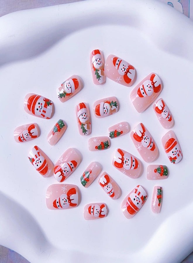 Christmas Nails Press on Snowman Fake Nails with Design Cute False Nails Press Ons Winter Press on Nails Xmas Tree Snowflakes Christmas Nails Holiday Nails Glue Stick on Nails for Women Girls 24PCS - Image 2