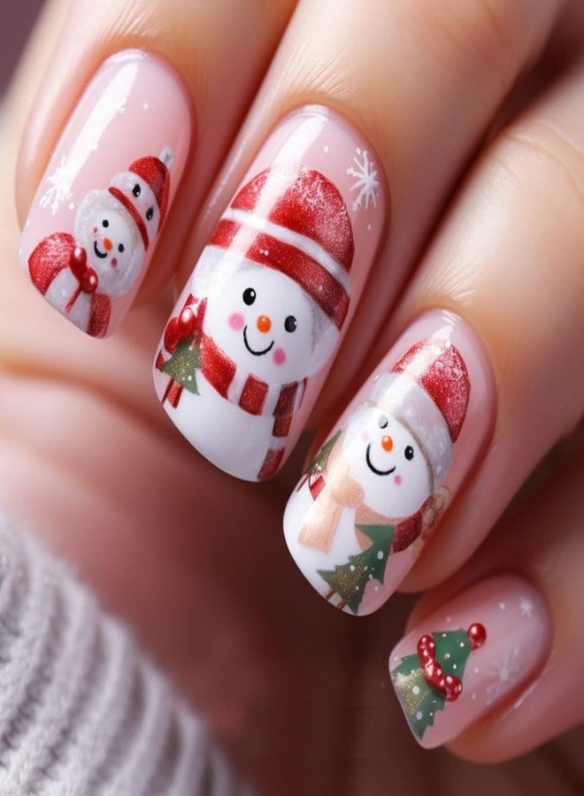 Christmas Nails Press on Snowman Fake Nails with Design Cute False Nails Press Ons Winter Press on Nails Xmas Tree Snowflakes Christmas Nails Holiday Nails Glue Stick on Nails for Women Girls 24PCS - Image 1
