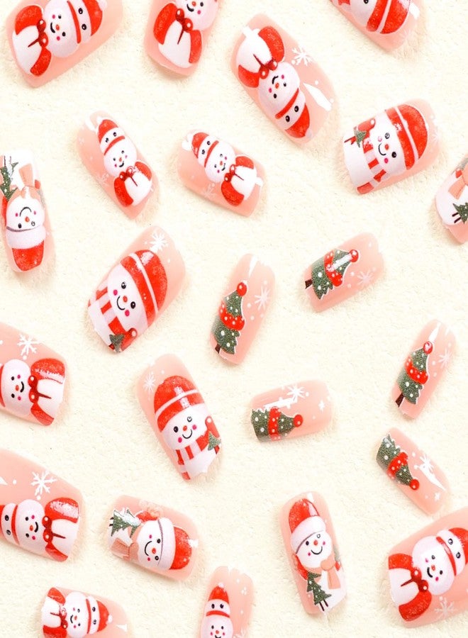 Christmas Nails Press on Snowman Fake Nails with Design Cute False Nails Press Ons Winter Press on Nails Xmas Tree Snowflakes Christmas Nails Holiday Nails Glue Stick on Nails for Women Girls 24PCS - Image 5