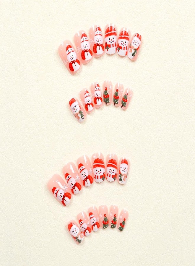 Christmas Nails Press on Snowman Fake Nails with Design Cute False Nails Press Ons Winter Press on Nails Xmas Tree Snowflakes Christmas Nails Holiday Nails Glue Stick on Nails for Women Girls 24PCS - Image 4