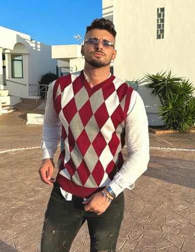 Coofandy Men's Casual Slim Fit V-neck Rhombus Business Knitwear Sweater Vest,Wine Red,Medium - Image 2