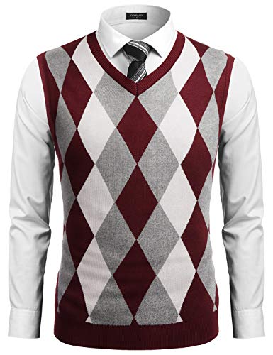 Coofandy Men's Casual Slim Fit V-neck Rhombus Business Knitwear Sweater Vest,Wine Red,Medium - Image 1