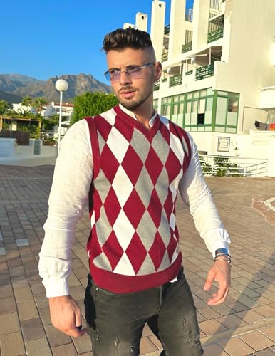 Coofandy Men's Casual Slim Fit V-neck Rhombus Business Knitwear Sweater Vest,Wine Red,Medium - Image 3