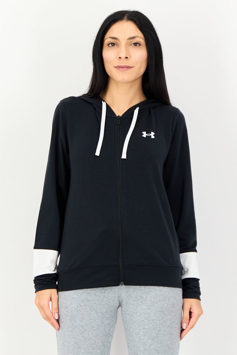 UNDER ARMOUR هودي خارجي فضفاض بأكمام طويلة للنساء، أسود - Image 1