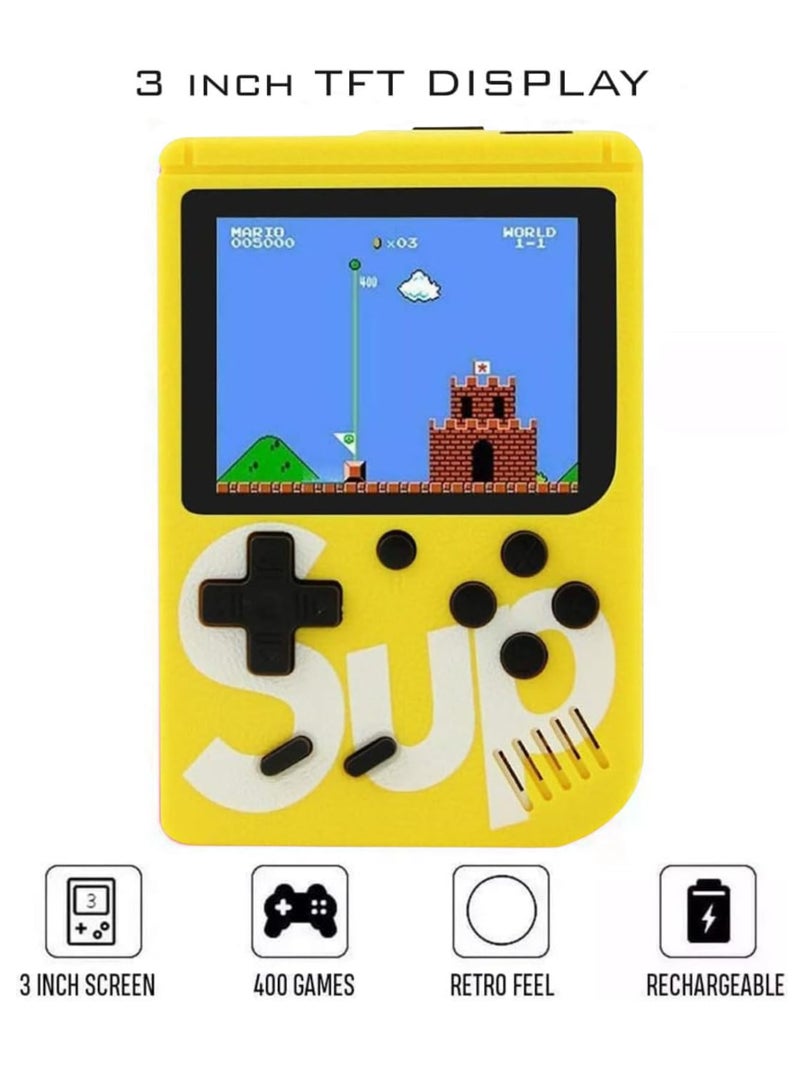 SUP SUP Handheld Game Console with 400 Classic Retro Games, 3-Inch Color Screen, Rechargeable Battery, Portable Mini Gaming Device for Kids & Adults | Yellow - Image 3