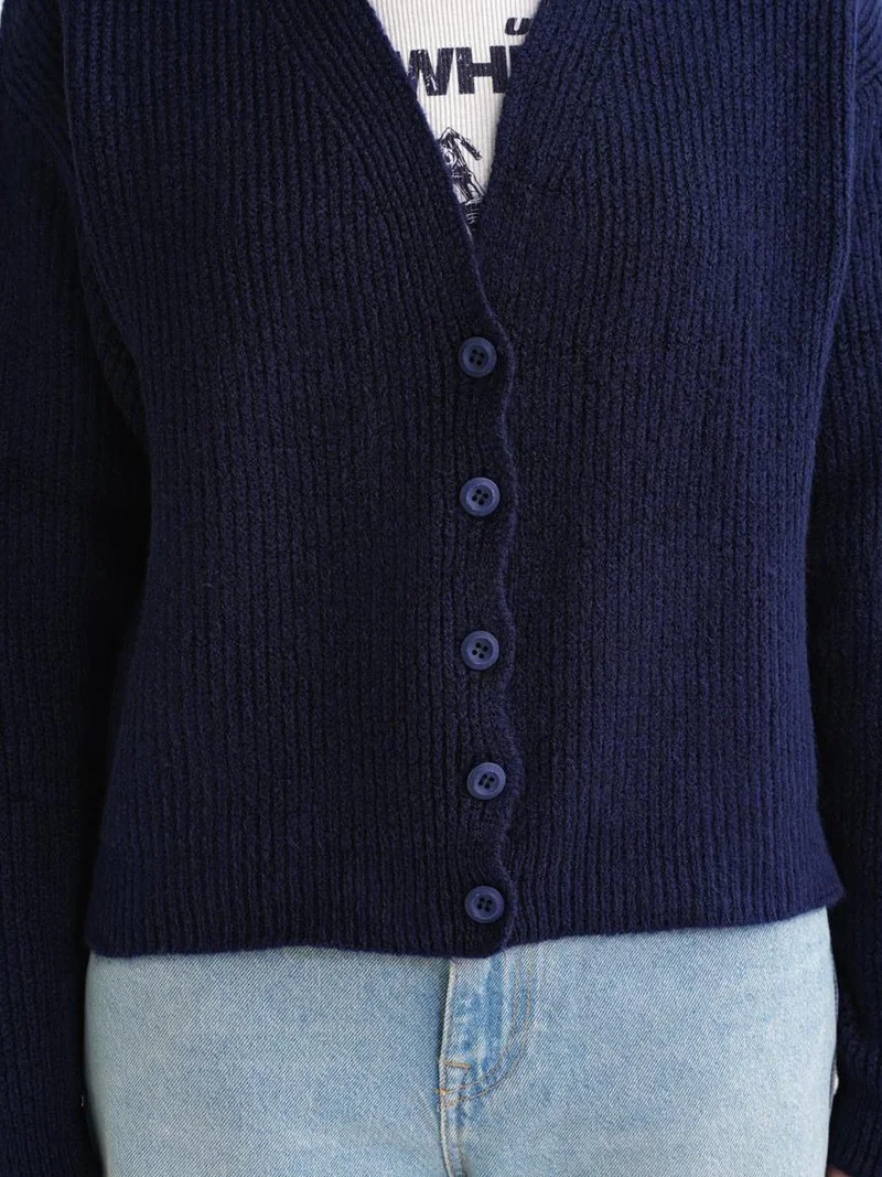 MixRay Navy Blue Mixray Textured V-Neck Button Cardigan for Women | Best Price UAE