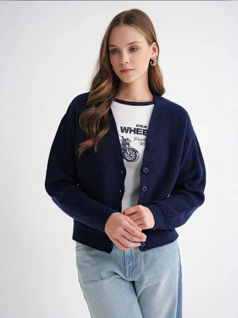 MixRay Navy Blue Mixray Textured V-Neck Button Cardigan for Women | Best Price UAE
