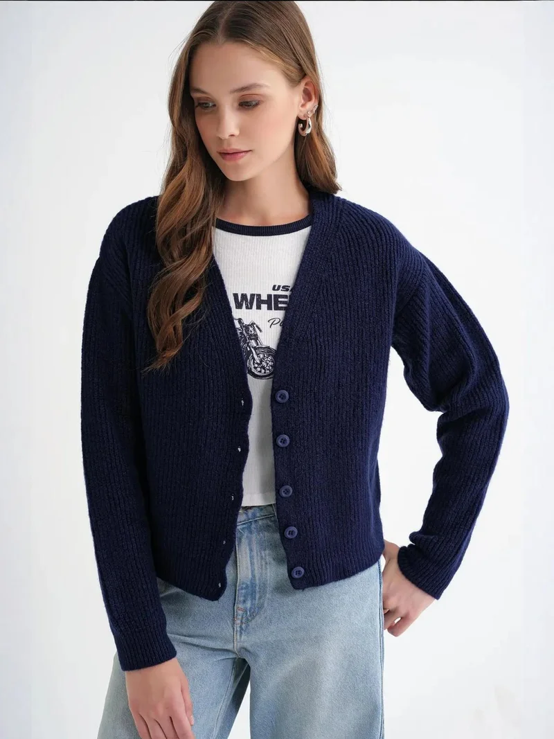 MixRay Navy Blue Mixray Textured V-Neck Button Cardigan for Women | Best Price UAE