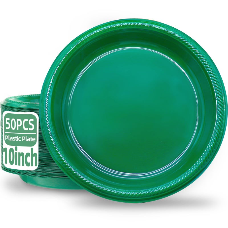 BONSINY Green Plastic Plates Disposable 10 inch | 50 PCS Green Disposable Plates for Party  Picnic  Birthday  BBQ  Graduation Party - Image 1