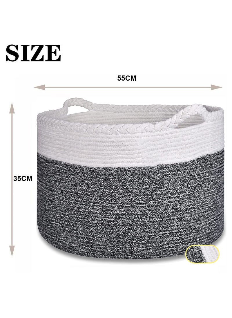 TYCOM - TYCOM Cotton Rope Basket Woven Baby Laundry Basket for Blankets Toys Storage Basket with Handle Comforter Cushions Storage Bins Thread Laundry Hamper Blanket, Towels, Home Storage Container Dark Grey - Image 1