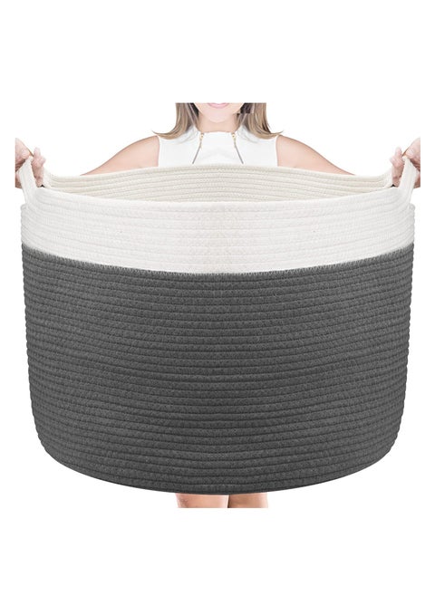 Cotton Rope Basket Woven Baby Laundry Basket for Blankets Toys Storage Basket with Handle Comforter Cushions Storage Bins Thread Laundry Hamper Blanket, Towels, Home Storage Container Dark Grey