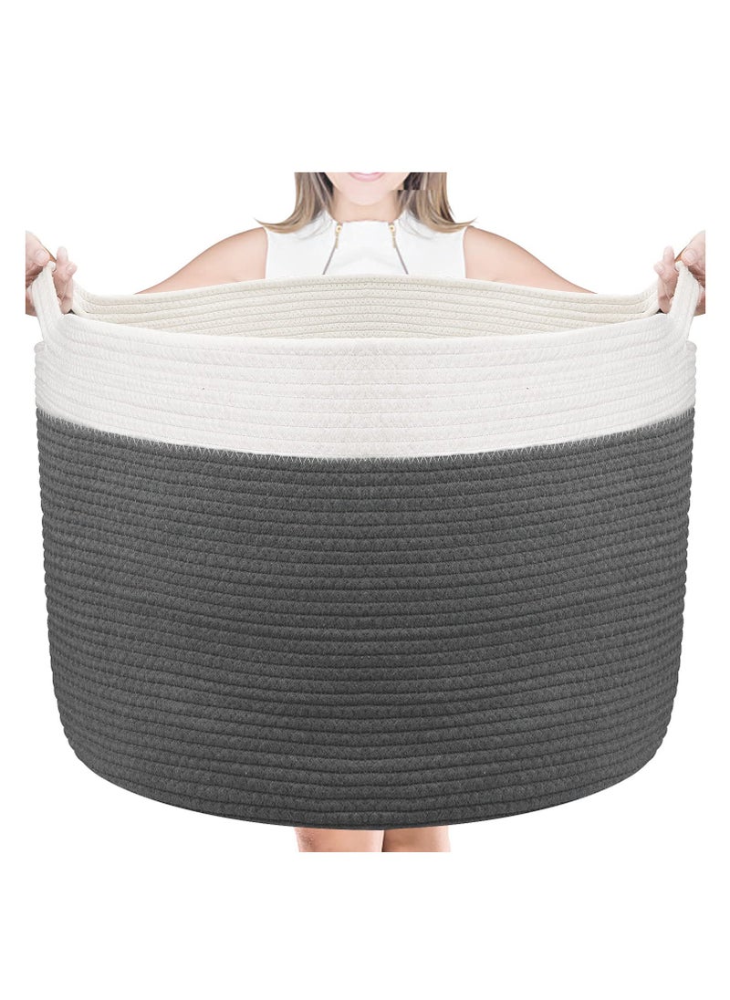 TYCOM TYCOM Cotton Rope Basket Woven Baby Laundry Basket for Blankets Toys Storage Basket with Handle Comforter Cushions Storage Bins Thread Laundry Hamper Blanket, Towels, Home Storage Container Dark Grey  - Image 1
