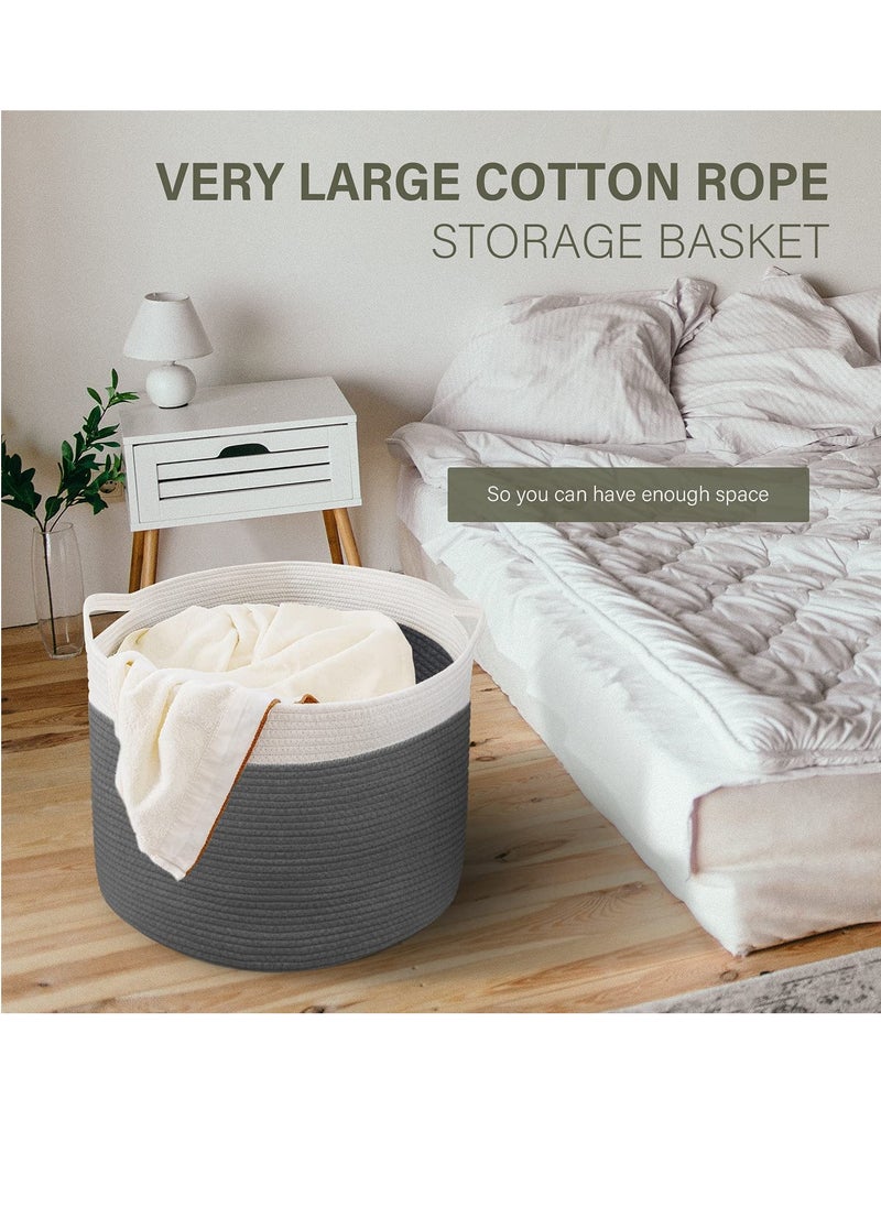 TYCOM - TYCOM Cotton Rope Basket Woven Baby Laundry Basket for Blankets Toys Storage Basket with Handle Comforter Cushions Storage Bins Thread Laundry Hamper Blanket, Towels, Home Storage Container Dark Grey - Image 1