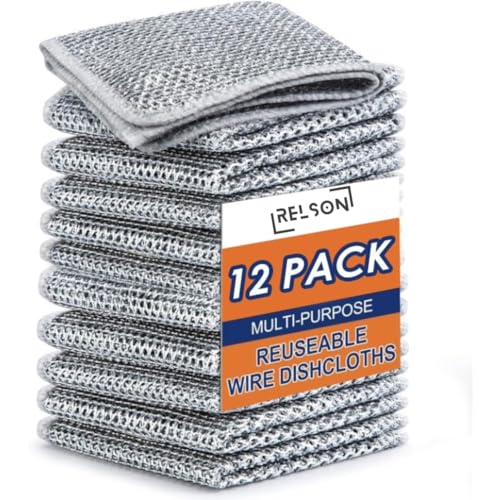 Relson Multipurpose Wire Dishwashing Rags for Wet and Dry Stainless Steel, Scrubber Non-Scratch Wire Dishcloth for Washing Dishes Sinks Counters (Silver) (Pack of 12) - Image 1