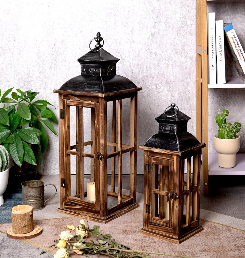 Venalys Large Farmhouse Decorative Wooden Lanterns Set of 2, Rustic Burnt Wood Floor Lanterns, Indoor/Outdoor Hurricane Lanterns for Home Decor (No Glass) - Image 3