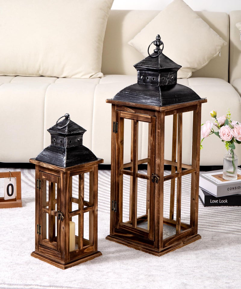 Venalys Large Farmhouse Decorative Wooden Lanterns Set of 2, Rustic Burnt Wood Floor Lanterns, Indoor/Outdoor Hurricane Lanterns for Home Decor (No Glass) - Image 1