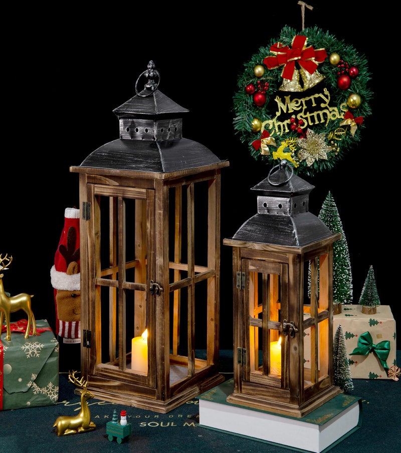 Venalys Large Farmhouse Decorative Wooden Lanterns Set of 2, Rustic Burnt Wood Floor Lanterns, Indoor/Outdoor Hurricane Lanterns for Home Decor (No Glass) - Image 4