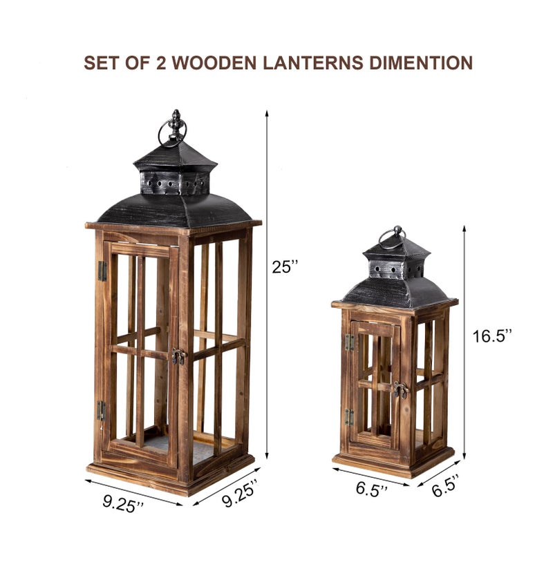 Venalys Large Farmhouse Decorative Wooden Lanterns Set of 2, Rustic Burnt Wood Floor Lanterns, Indoor/Outdoor Hurricane Lanterns for Home Decor (No Glass) - Image 5