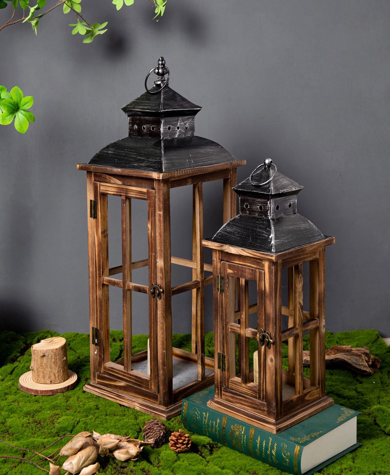 Venalys Large Farmhouse Decorative Wooden Lanterns Set of 2, Rustic Burnt Wood Floor Lanterns, Indoor/Outdoor Hurricane Lanterns for Home Decor (No Glass) - Image 2